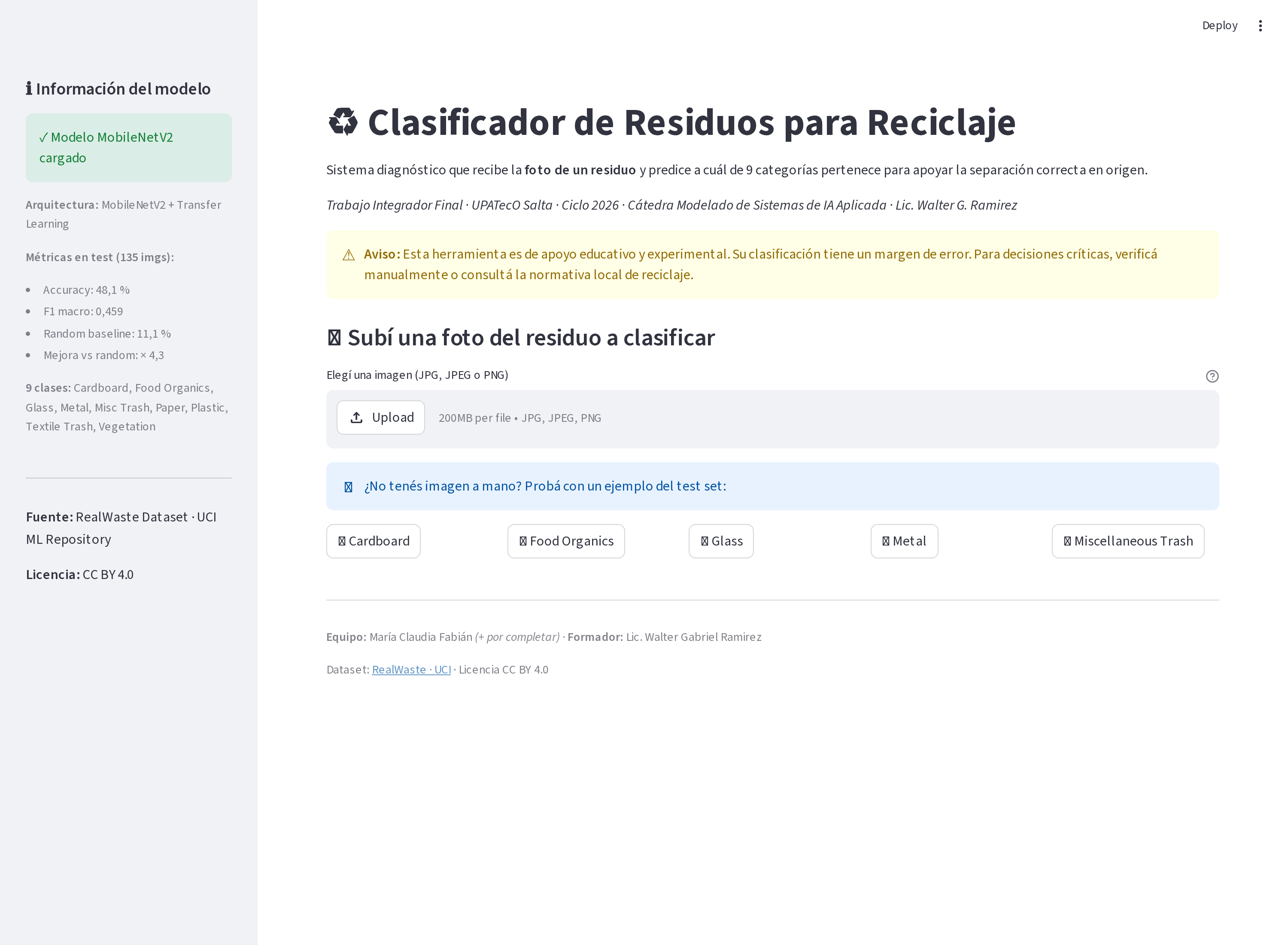Pantalla de inicio de la app